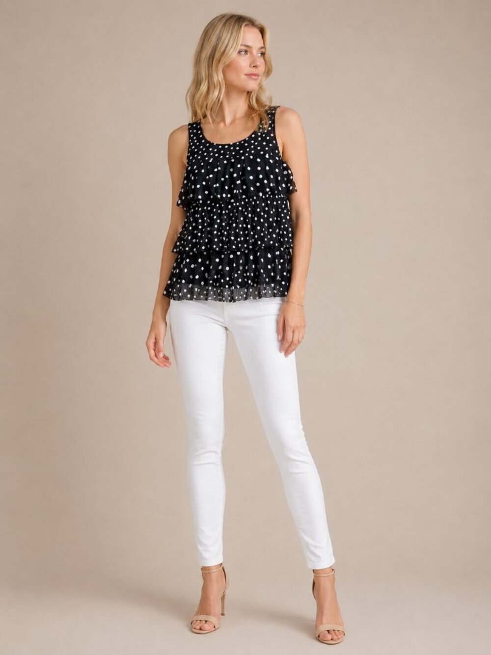 2/$30 White House Black Market Polka Dot Tiered Ruffle Dress Black Small #A0392